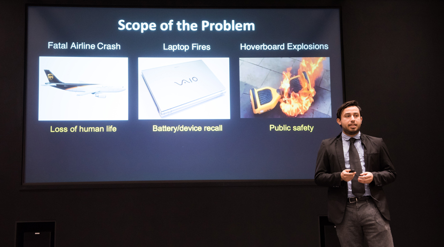 Co-founder Jose Martinez presents LiOnSafe's battery separator technology at the NUvention: Energy presentations.