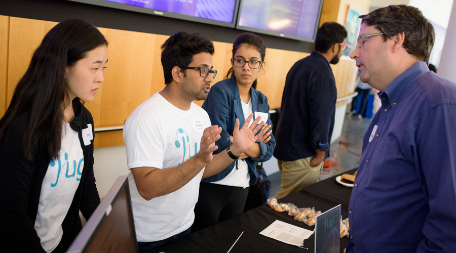 Members of the Juggleboard team showcase their startup during the NUvention: Web + Media final presentations.